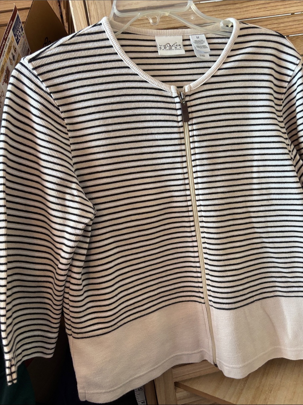 Villager Sport  Striped Zip Front Cardigan in Cream and Black Medium